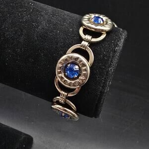 Blue Rhinestone Silver Tone Link Bracelet Vintage Costume Jewelry
